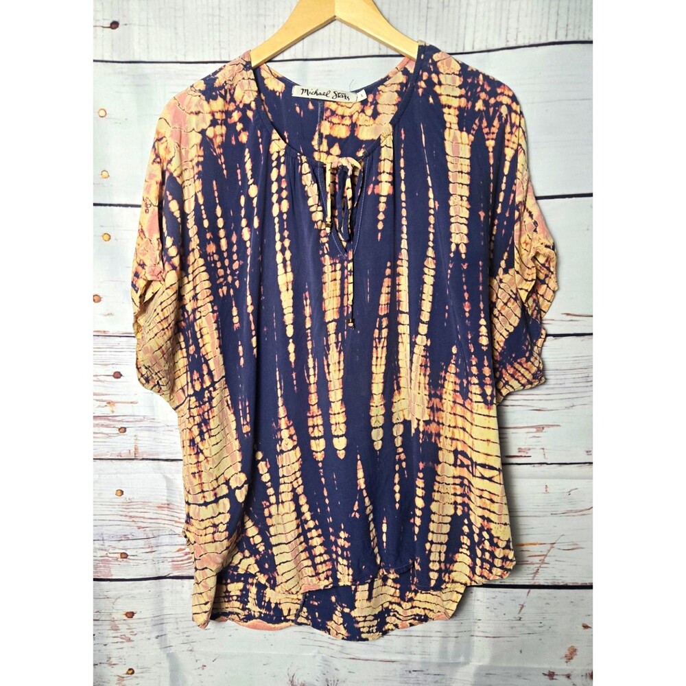 Michael Stars Womens Blouse Size L Navy Beige Pink Tie Dye Short Sleeve Rayon